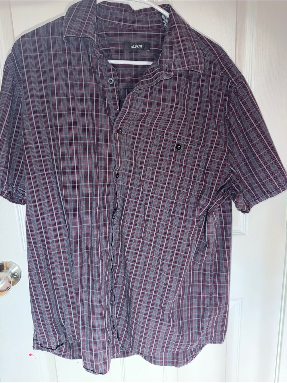 Alfani Men’s Short Sleeve Plaid Button-Down Shirt - Burgundy and Gray